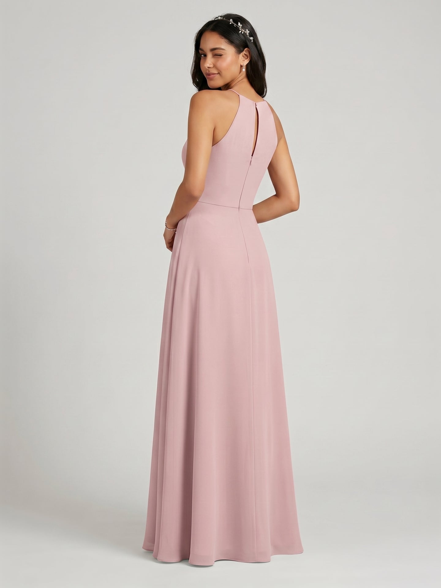 Elegant Dusty Rose Chiffon A-Line Halter neckline Ankle-Length Bridesmaid Dress with Minimalist Design