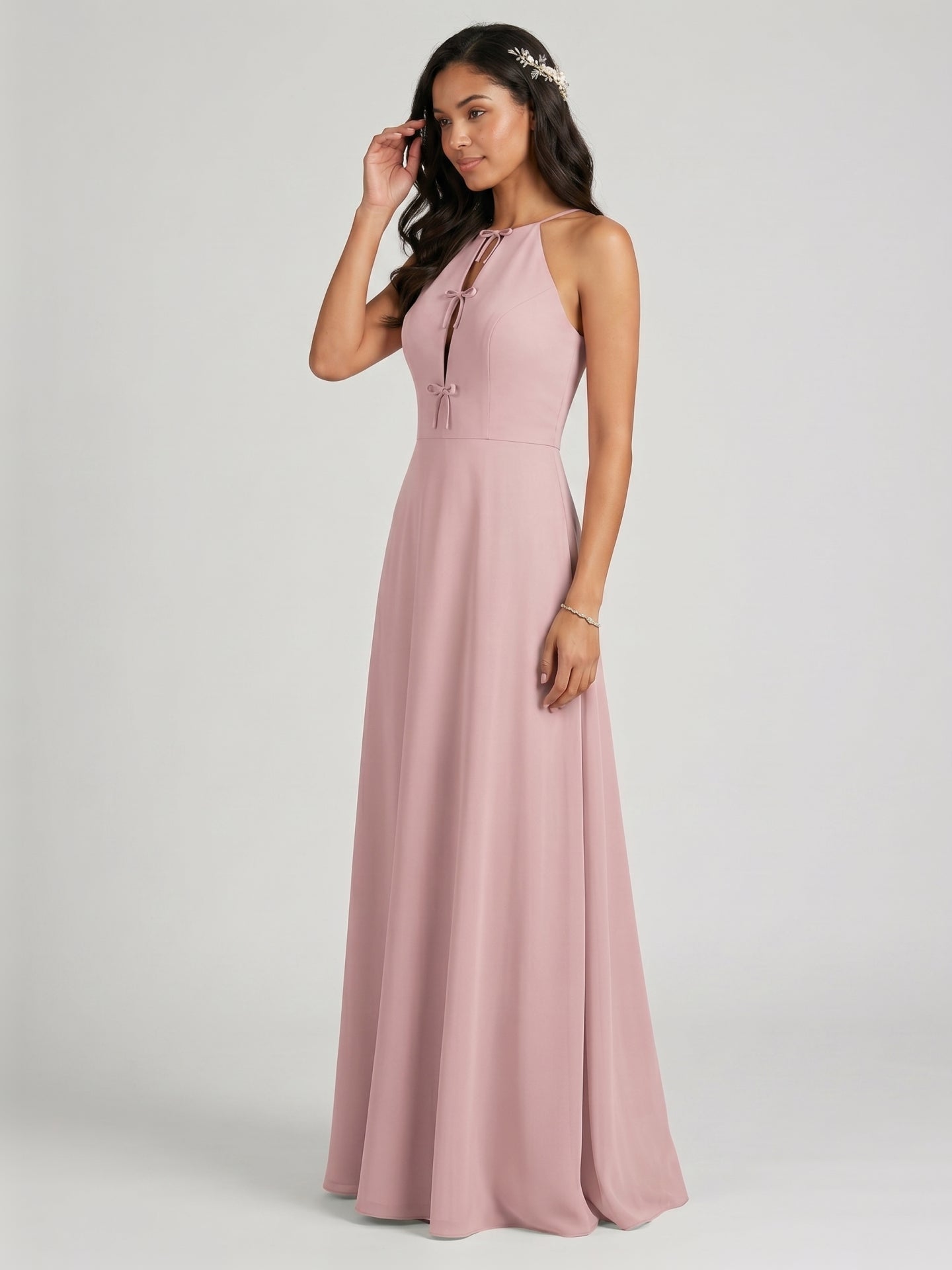Elegant Dusty Rose Chiffon A-Line Halter neckline Ankle-Length Bridesmaid Dress with Minimalist Design