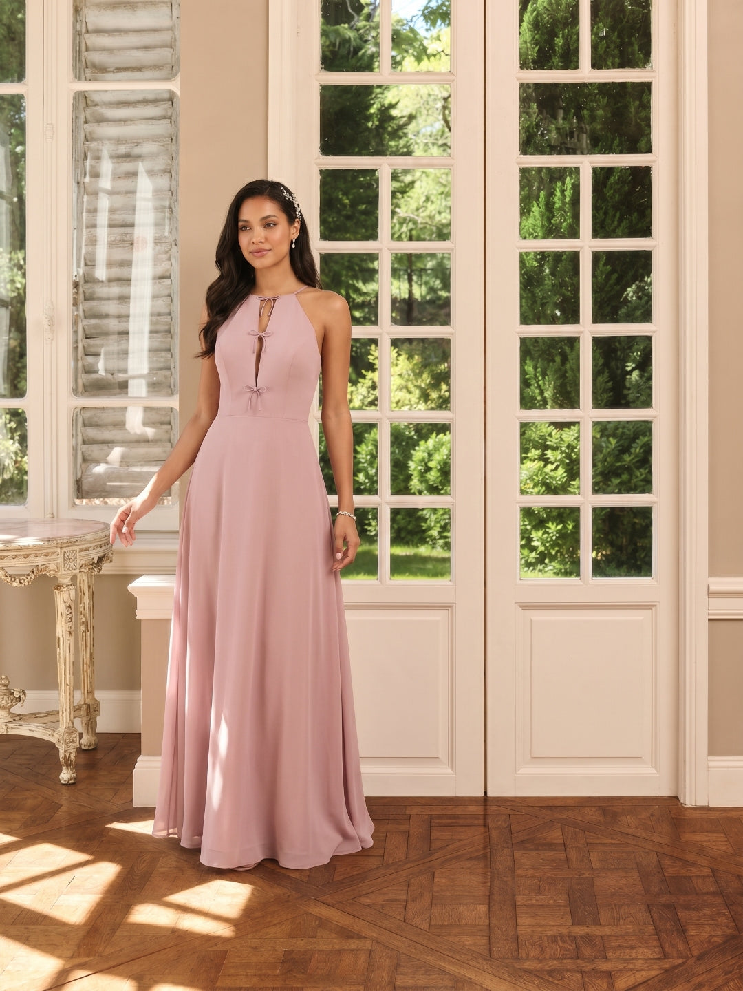 Elegant Dusty Rose Chiffon A-Line Halter neckline Ankle-Length Bridesmaid Dress with Minimalist Design