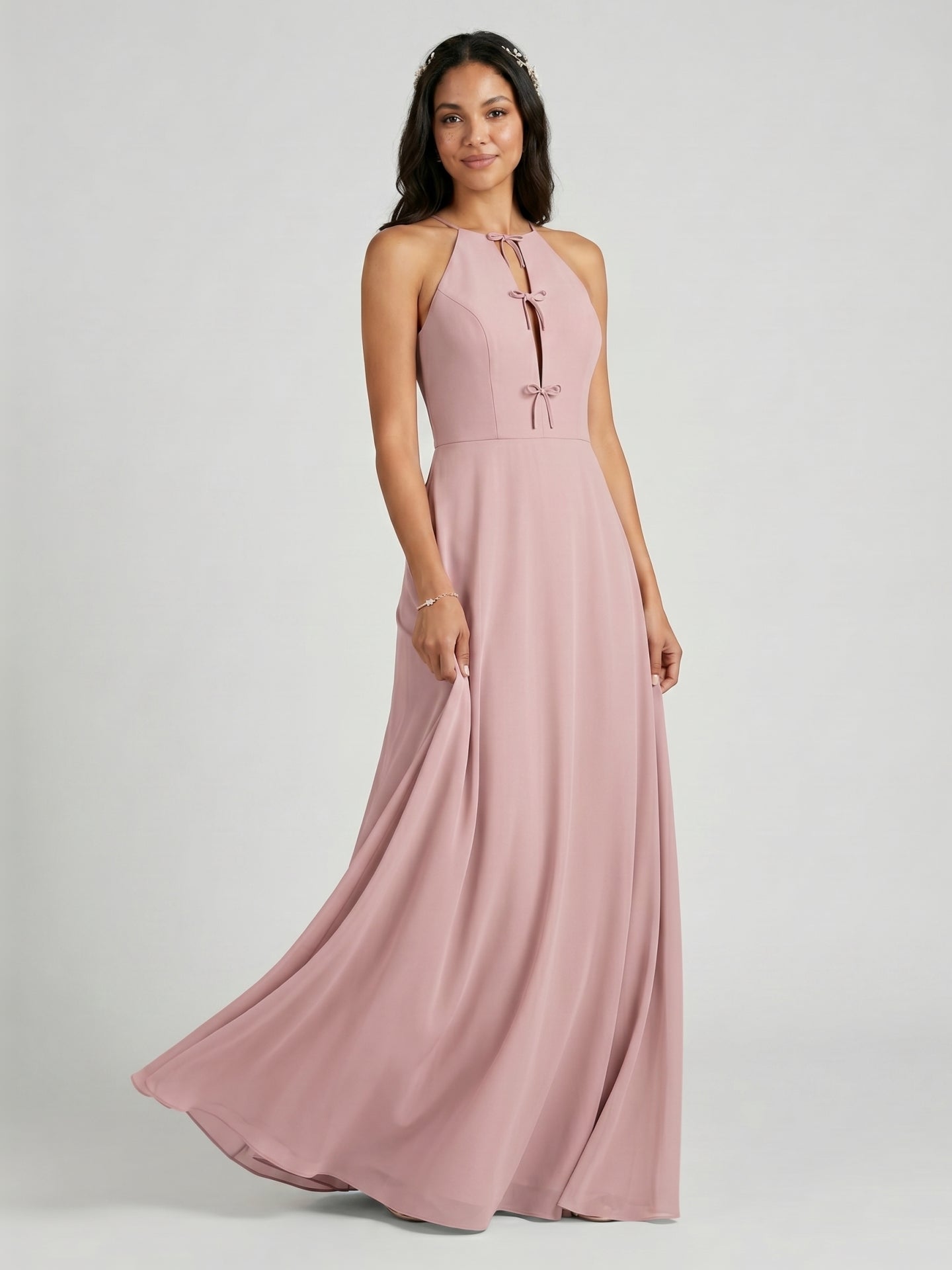 Elegant Dusty Rose Chiffon A-Line Halter neckline Ankle-Length Bridesmaid Dress with Minimalist Design