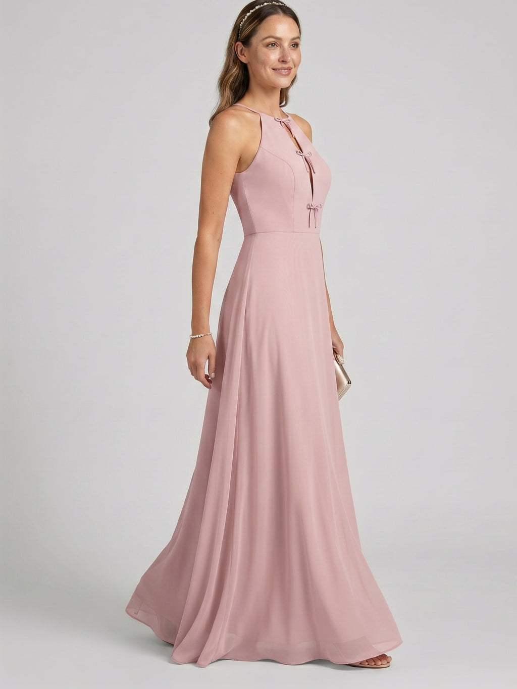 Elegant Dusty Rose Chiffon A-Line Halter neckline Ankle-Length Bridesmaid Dress with Minimalist Design