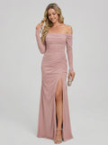 Elegant Dusty Rose Chiffon column Off-the-Shoulder Back Zip Ankle-Length Bridesmaid Dress