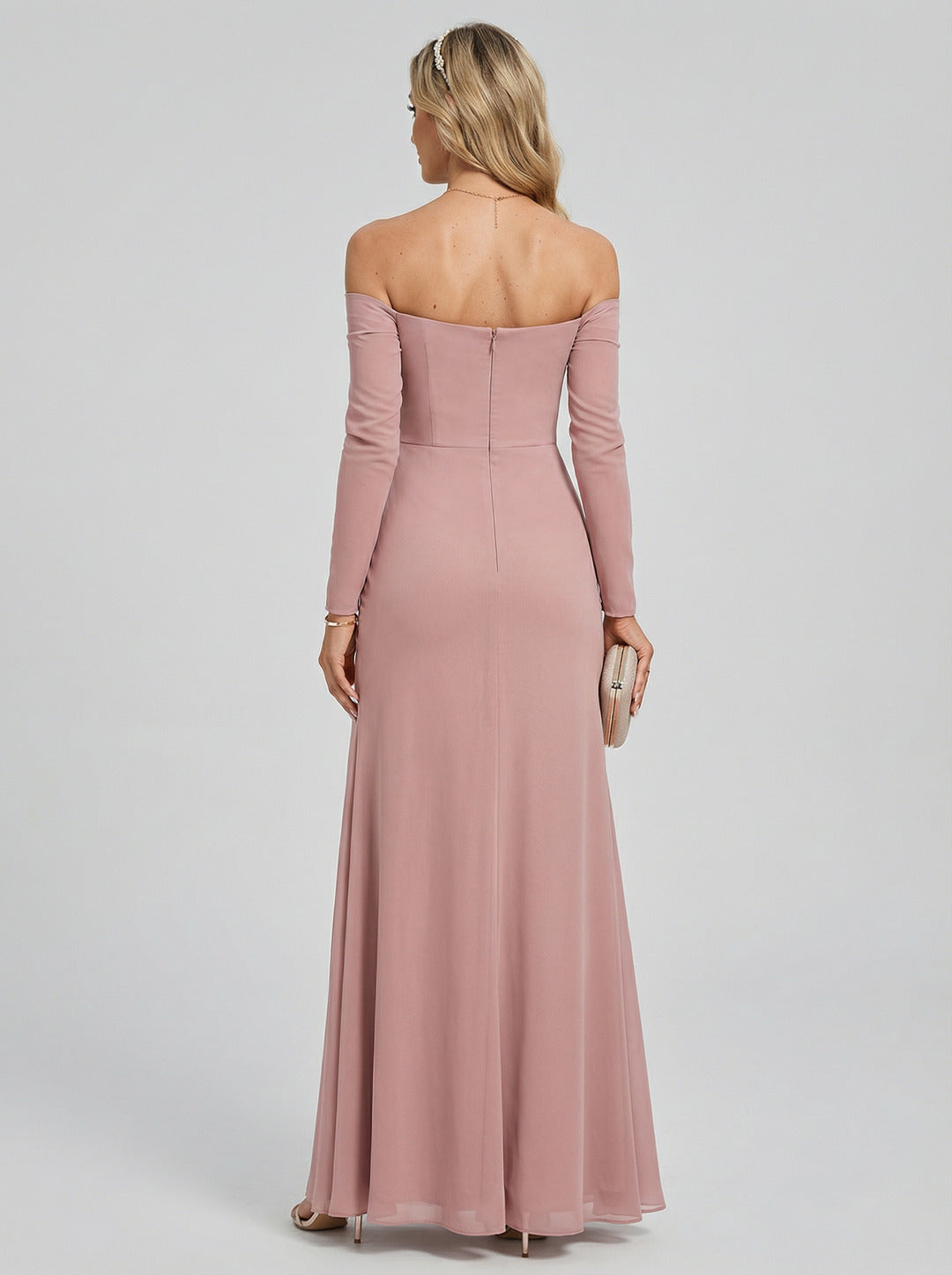 Elegant Dusty Rose Chiffon column Off-the-Shoulder Back Zip Ankle-Length Bridesmaid Dress