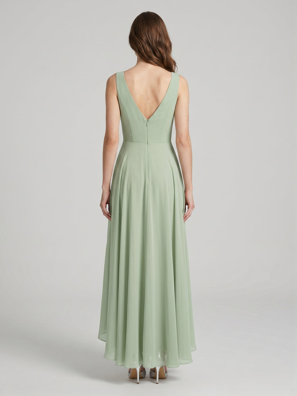 Elegant Dusty Sage Chiffon A-Line Cowl Neck Back Zip Asymmetrical Hem Bridesmaid Dress