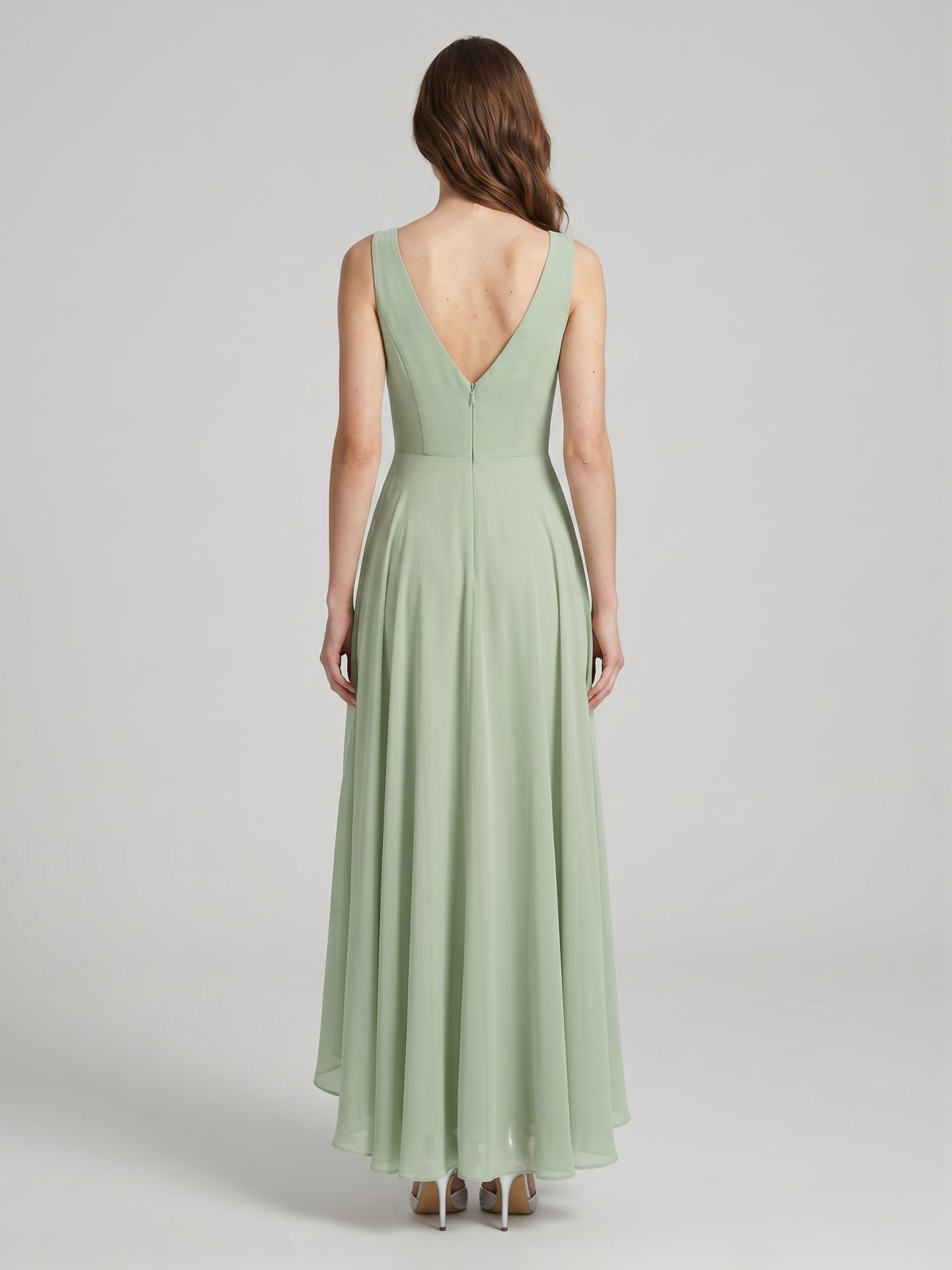Elegant Dusty Sage Chiffon A-Line Cowl Neck Back Zip Asymmetrical Hem Bridesmaid Dress
