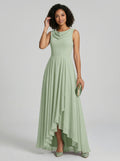 Elegant Dusty Sage Chiffon A-Line Cowl Neck Back Zip Asymmetrical Hem Bridesmaid Dress