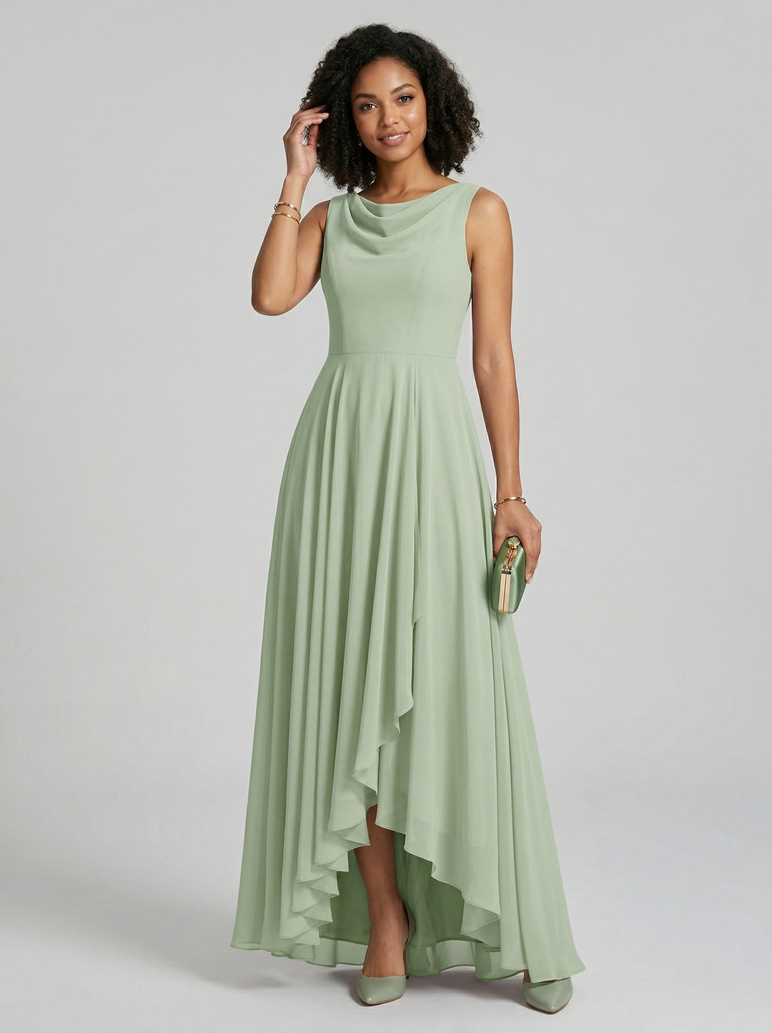 Elegant Dusty Sage Chiffon A-Line Cowl Neck Back Zip Asymmetrical Hem Bridesmaid Dress