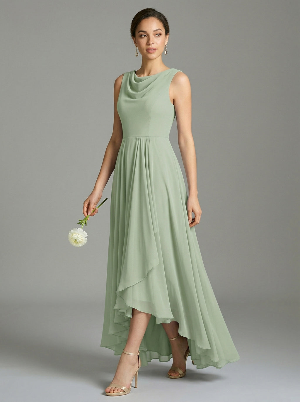 Elegant Dusty Sage Chiffon A-Line Cowl Neck Back Zip Asymmetrical Hem Bridesmaid Dress