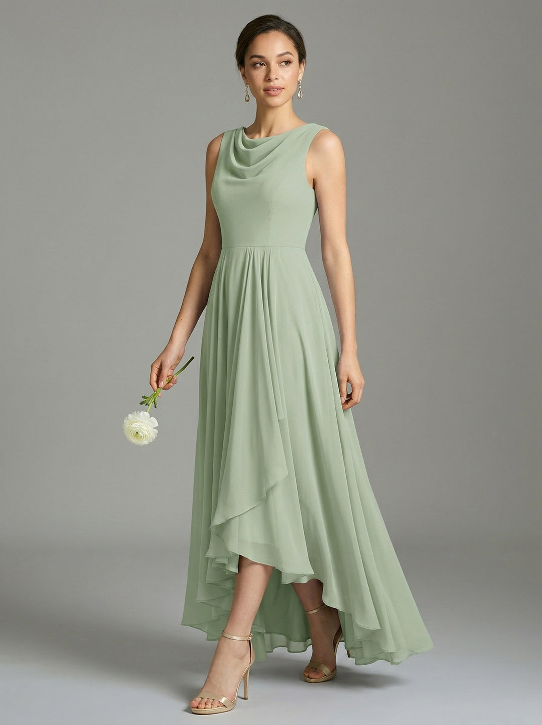 Elegant Dusty Sage Chiffon A-Line Cowl Neck Back Zip Asymmetrical Hem Bridesmaid Dress