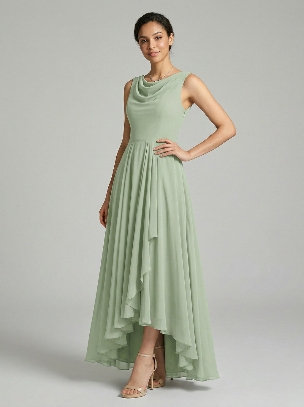 Elegant Dusty Sage Chiffon A-Line Cowl Neck Back Zip Asymmetrical Hem Bridesmaid Dress