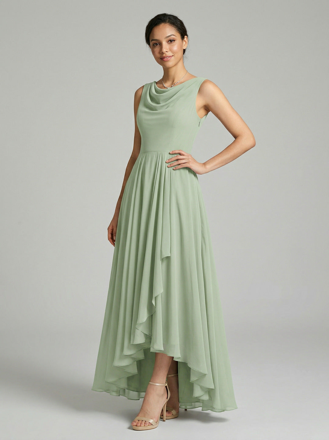 Elegant Dusty Sage Chiffon A-Line Cowl Neck Back Zip Asymmetrical Hem Bridesmaid Dress