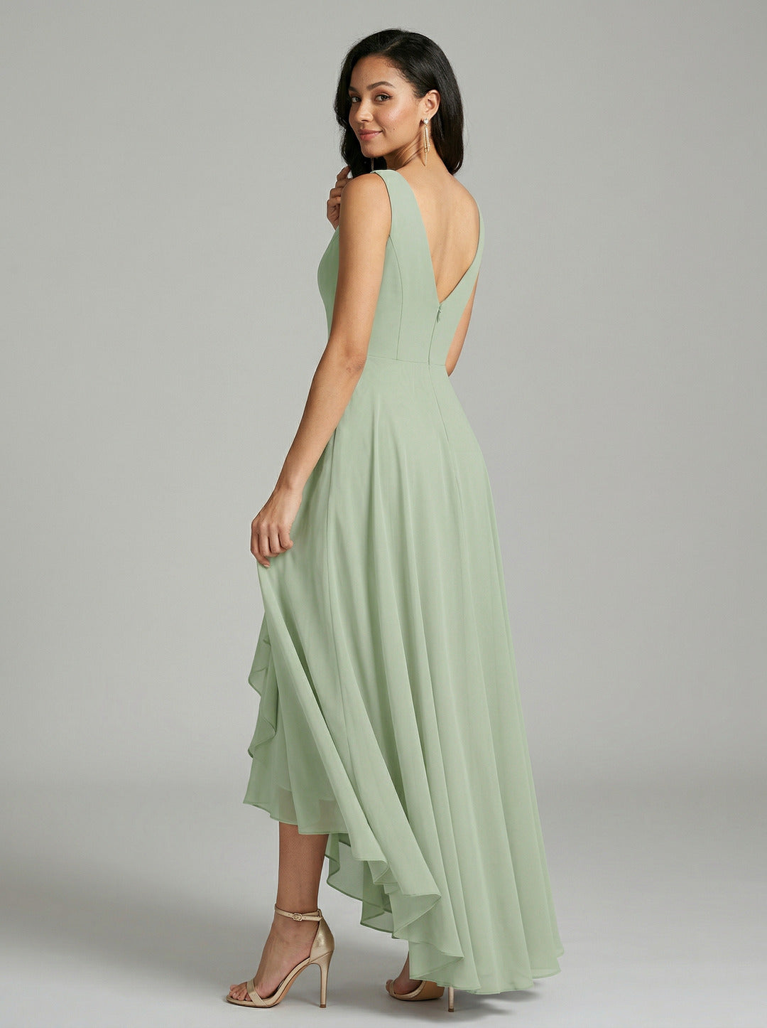 Elegant Dusty Sage Chiffon A-Line Cowl Neck Back Zip Asymmetrical Hem Bridesmaid Dress