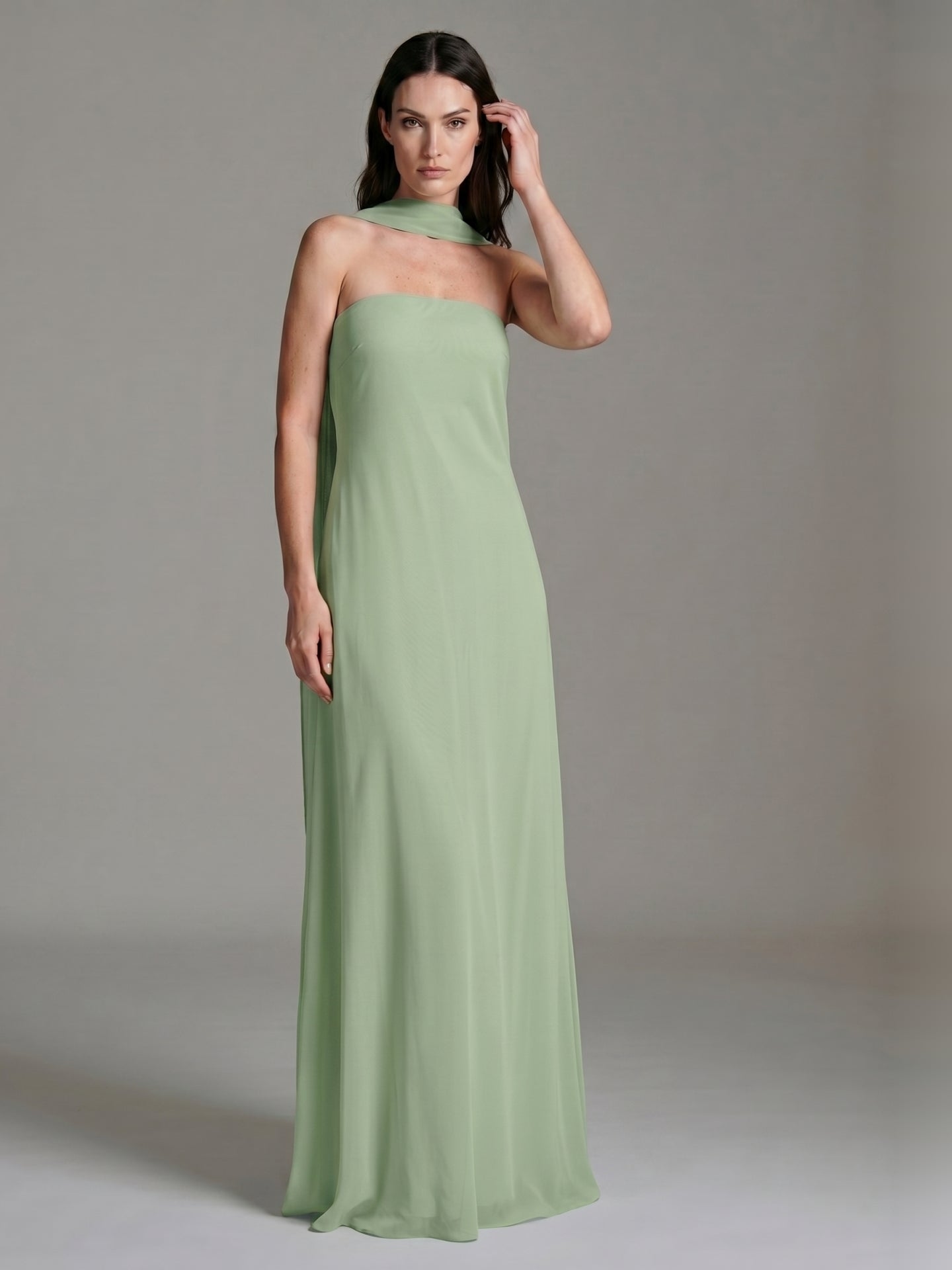 Elegant Dusty Sage Chiffon A-line Off-the-Shoulder Back Zip Ankle-Length Bridesmaid Dress