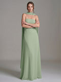 Elegant Dusty Sage Chiffon A-line Off-the-Shoulder Back Zip Ankle-Length Bridesmaid Dress