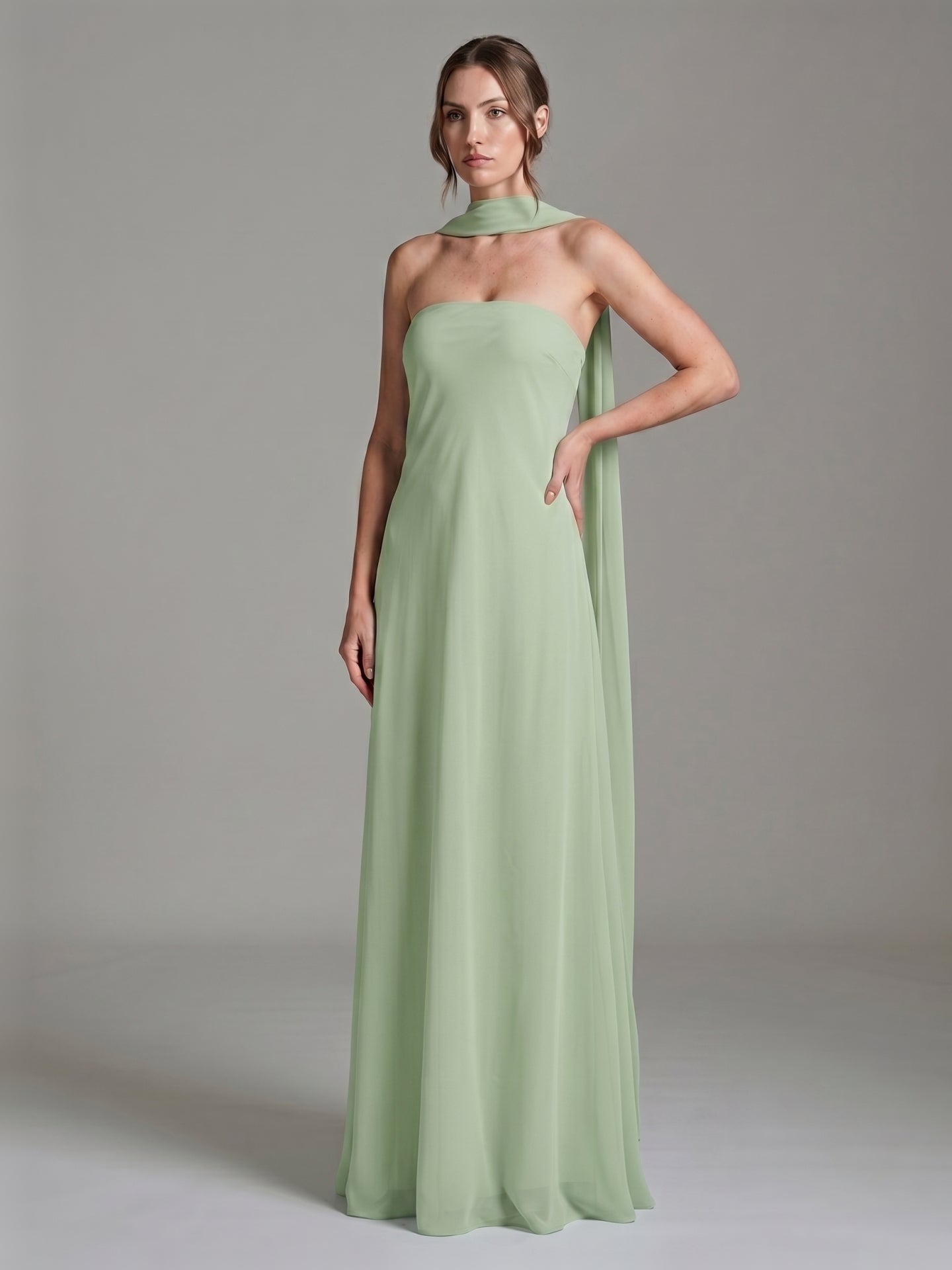 Elegant Dusty Sage Chiffon A-line Off-the-Shoulder Back Zip Ankle-Length Bridesmaid Dress