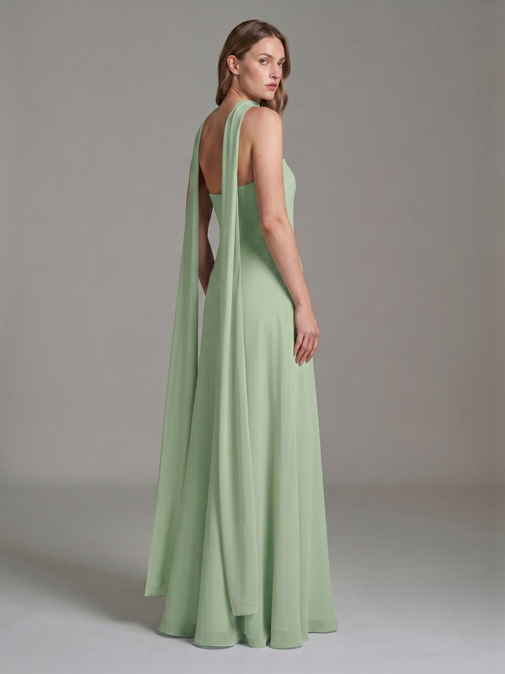 Elegant Dusty Sage Chiffon A-line Off-the-Shoulder Back Zip Ankle-Length Bridesmaid Dress