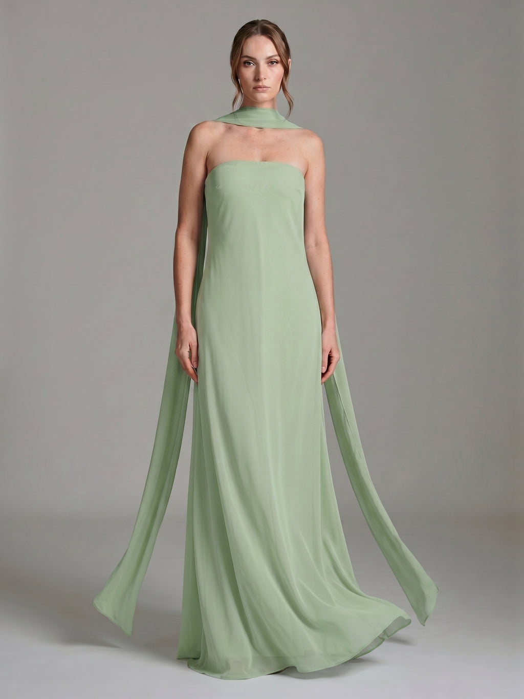 Elegant Dusty Sage Chiffon A-line Off-the-Shoulder Back Zip Ankle-Length Bridesmaid Dress