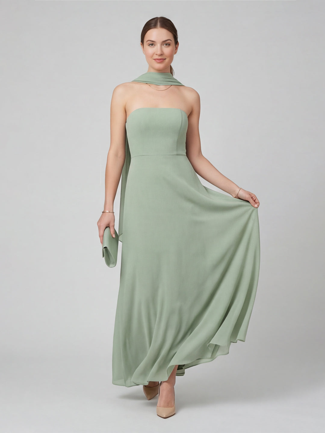 Elegant Dusty Sage Chiffon A-line Off-the-Shoulder Back Zip Ankle-Length Bridesmaid Dress