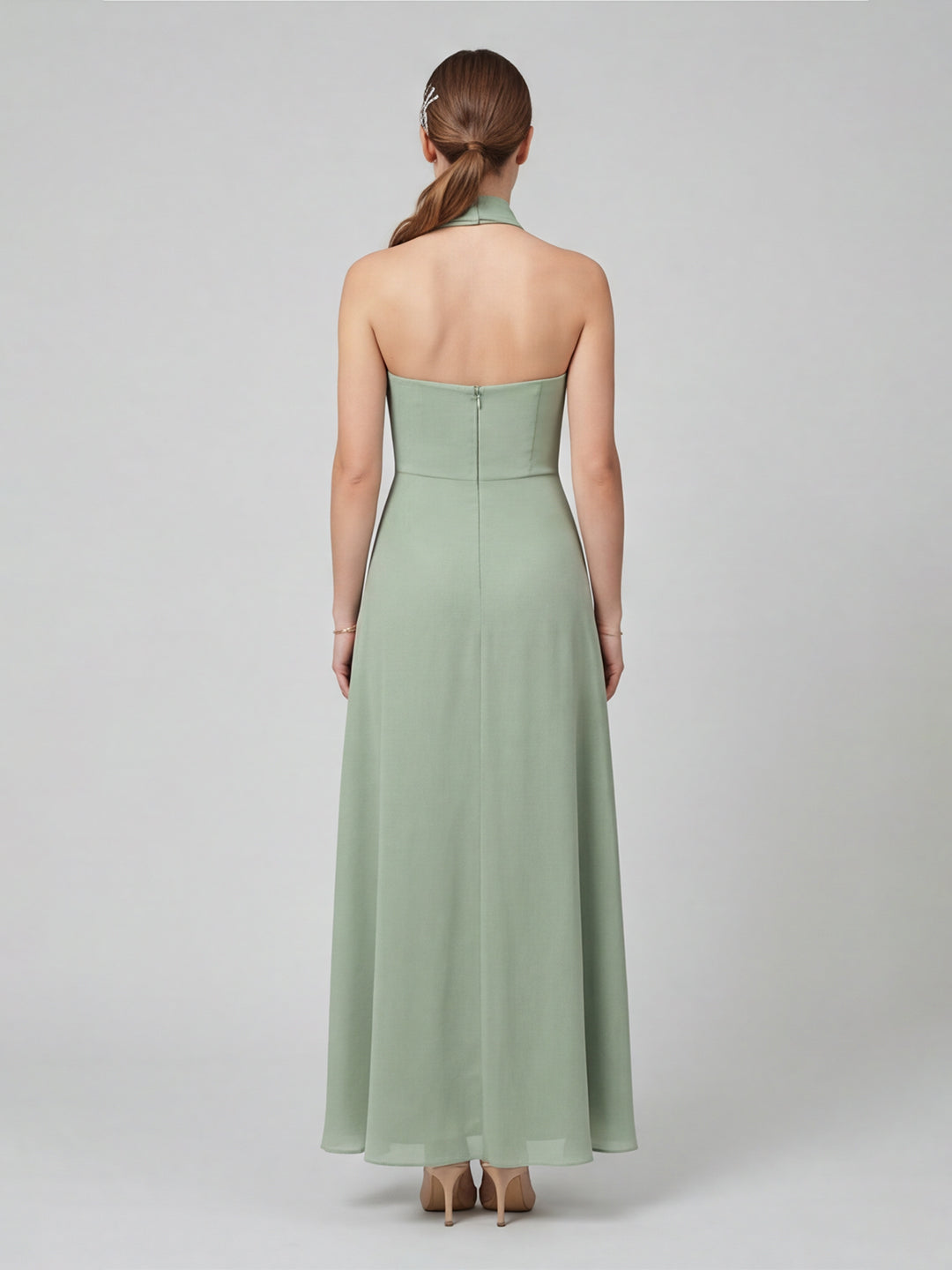 Elegant Dusty Sage Chiffon A-line Off-the-Shoulder Back Zip Ankle-Length Bridesmaid Dress
