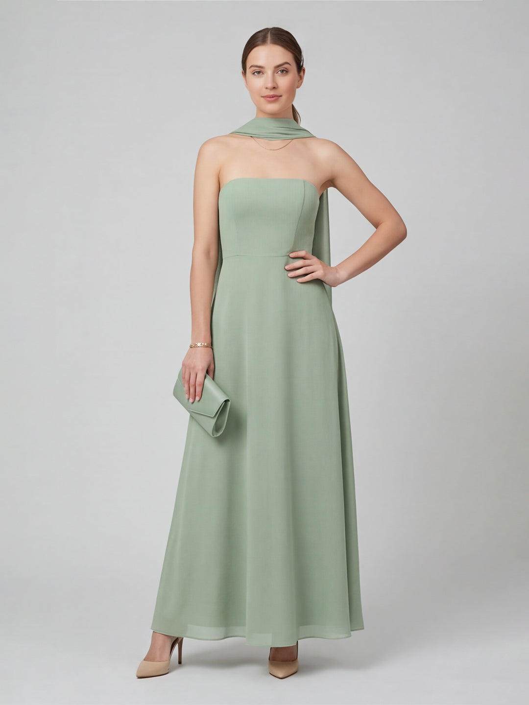 Elegant Dusty Sage Chiffon A-line Off-the-Shoulder Back Zip Ankle-Length Bridesmaid Dress