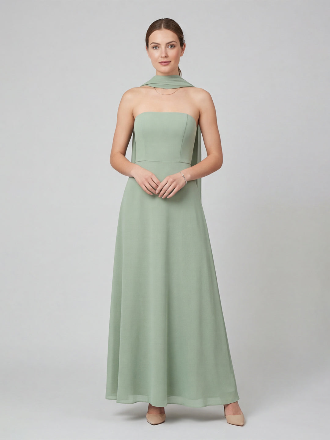 Elegant Dusty Sage Chiffon A-line Off-the-Shoulder Back Zip Ankle-Length Bridesmaid Dress