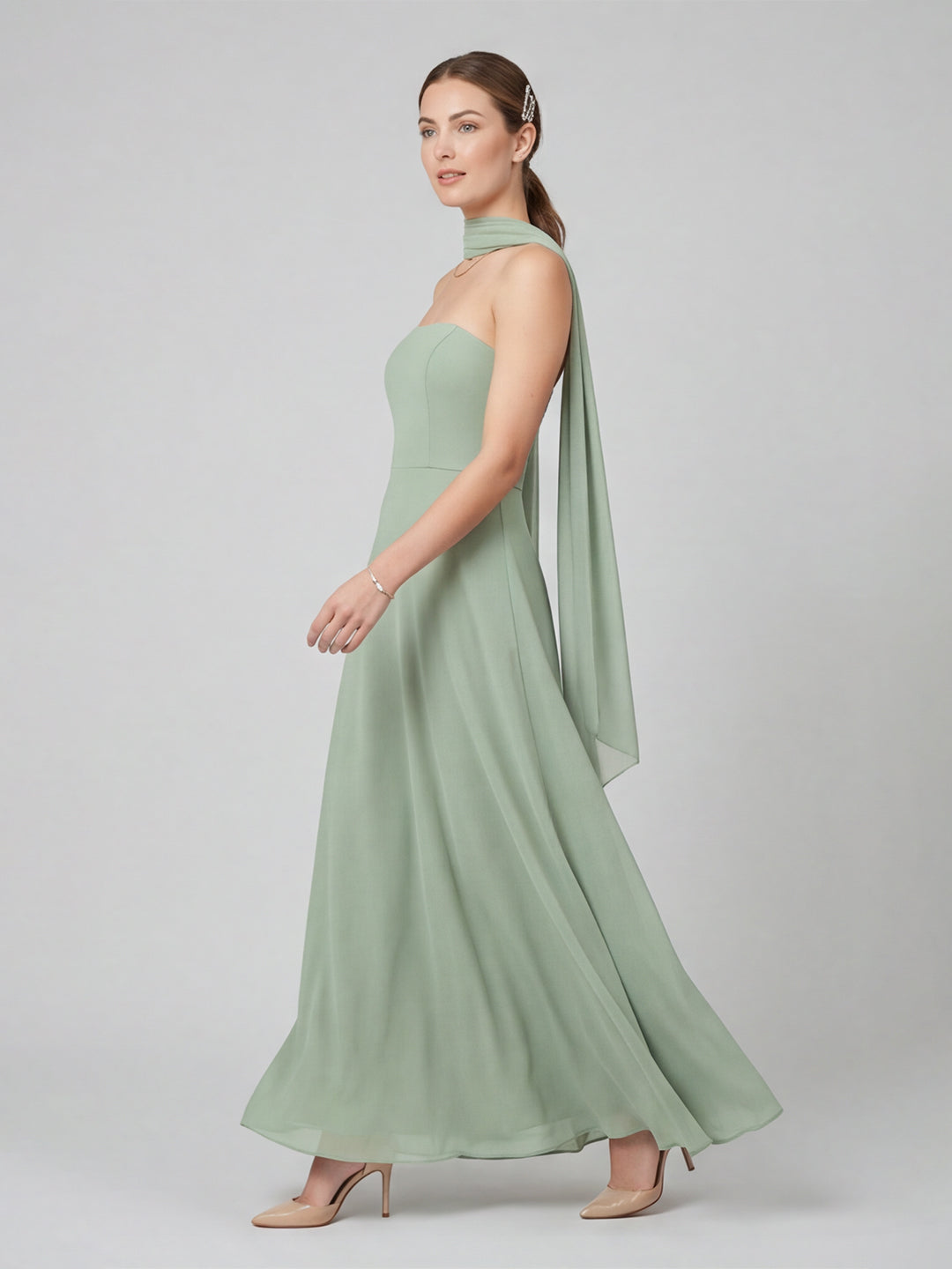 Elegant Dusty Sage Chiffon A-line Off-the-Shoulder Back Zip Ankle-Length Bridesmaid Dress