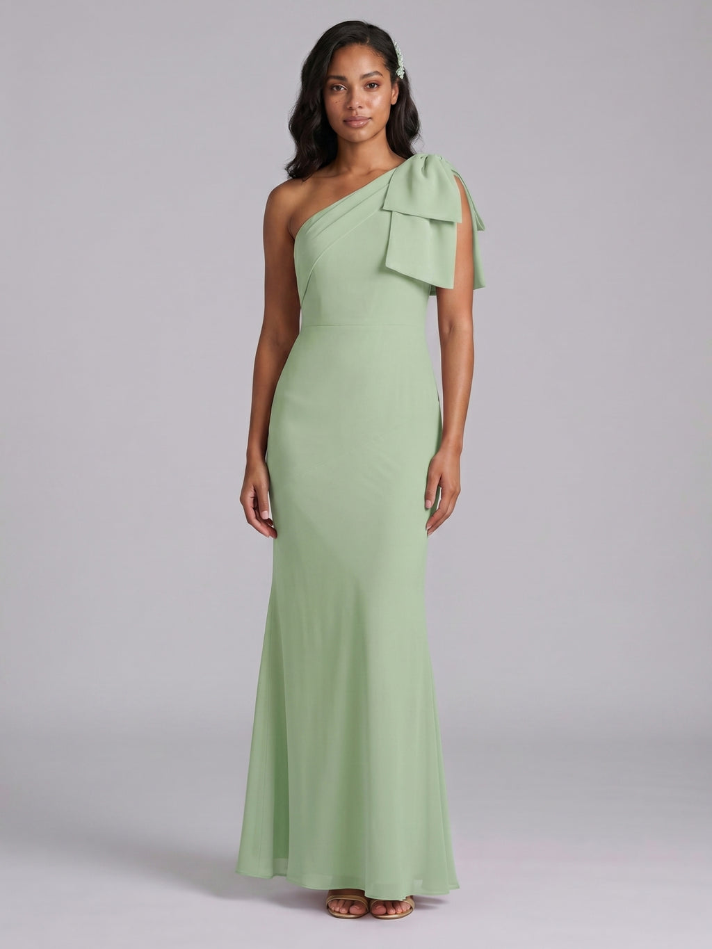 Elegant Dusty Sage Chiffon Mermaid One Shoulder Side Zip with Bow Ankle-Length Bridesmaid Dress