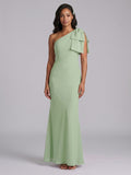 Elegant Dusty Sage Chiffon Mermaid One Shoulder Side Zip with Bow Ankle-Length Bridesmaid Dress
