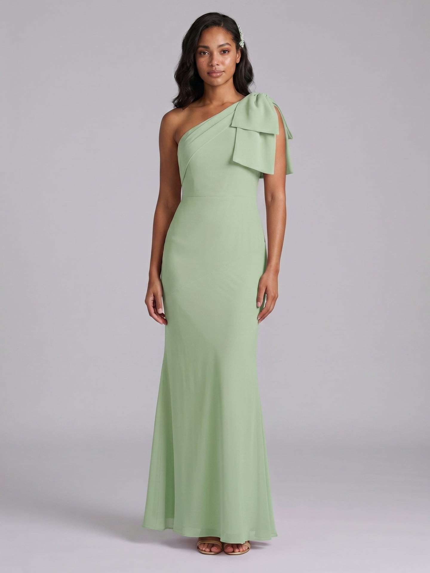 Elegant Dusty Sage Chiffon Mermaid One Shoulder Side Zip with Bow Ankle-Length Bridesmaid Dress