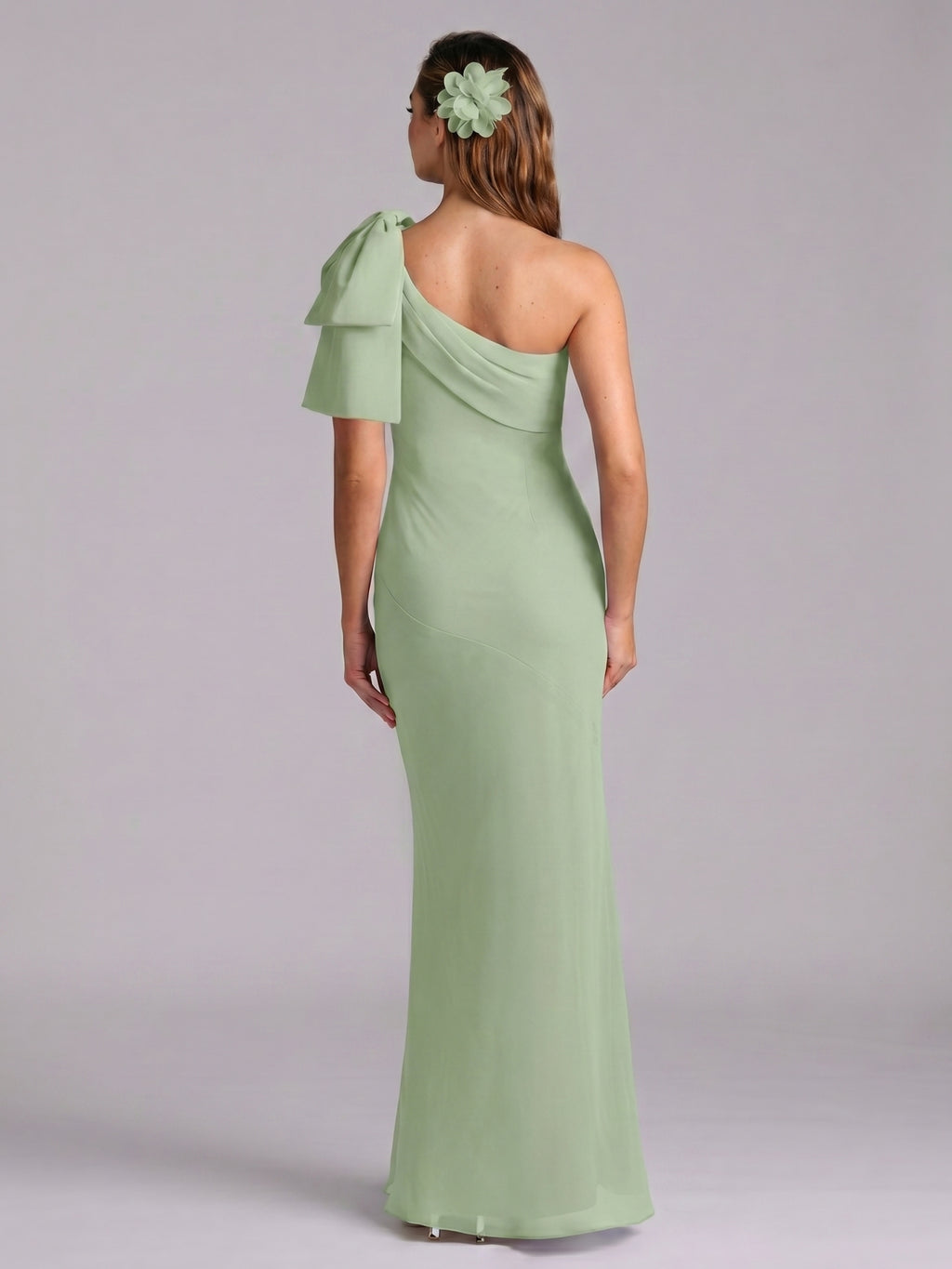 Elegant Dusty Sage Chiffon Mermaid One Shoulder Side Zip with Bow Ankle-Length Bridesmaid Dress