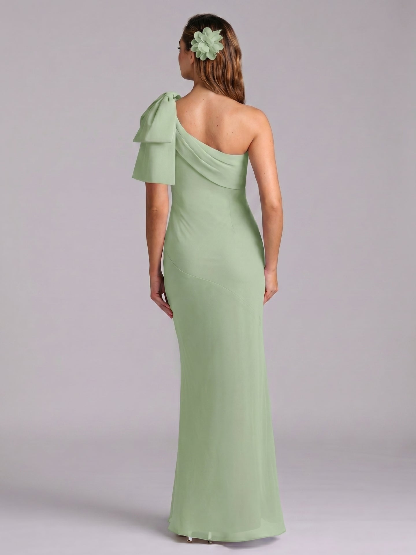 Elegant Dusty Sage Chiffon Mermaid One Shoulder Side Zip with Bow Ankle-Length Bridesmaid Dress