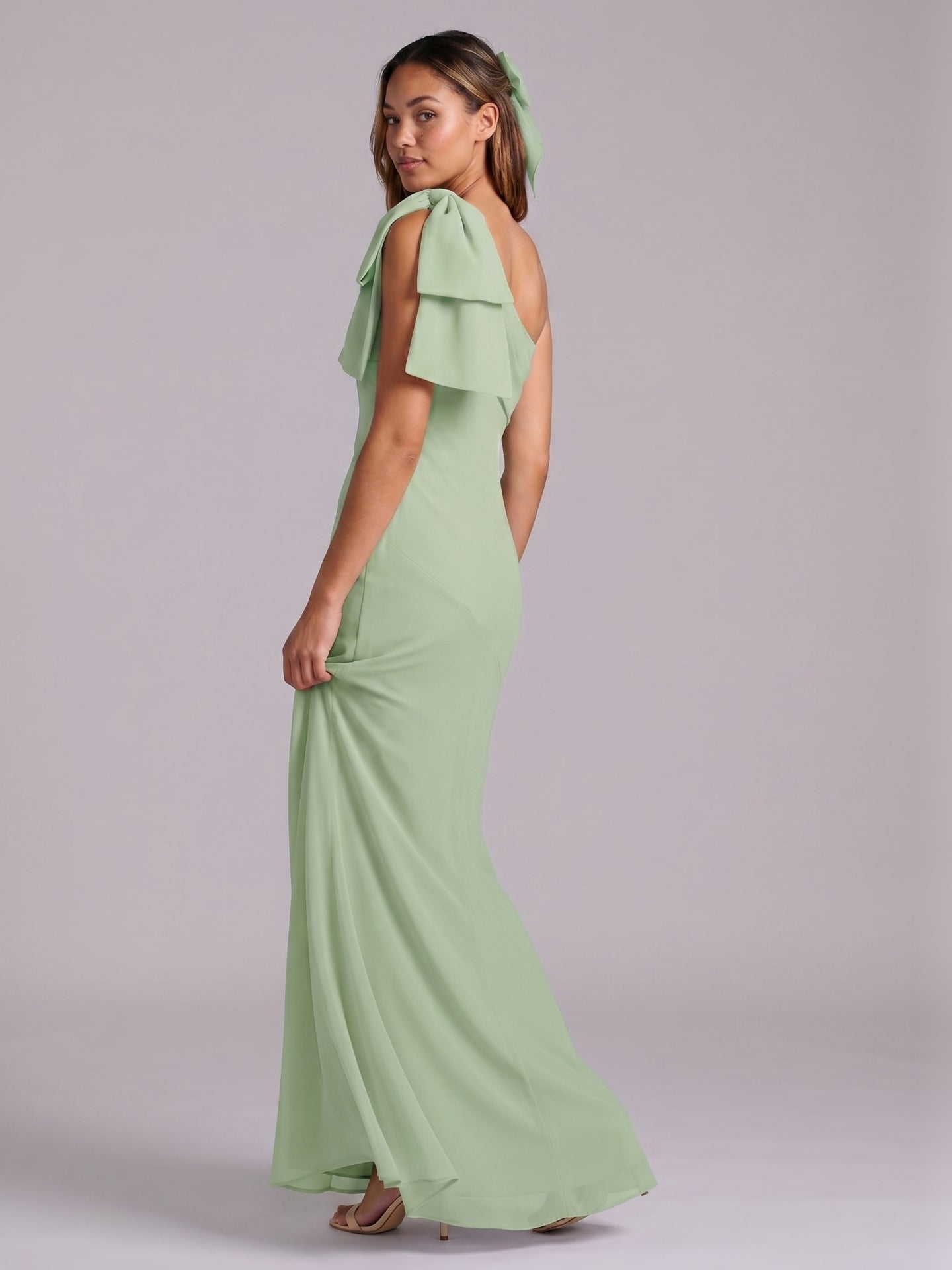 Elegant Dusty Sage Chiffon Mermaid One Shoulder Side Zip with Bow Ankle-Length Bridesmaid Dress