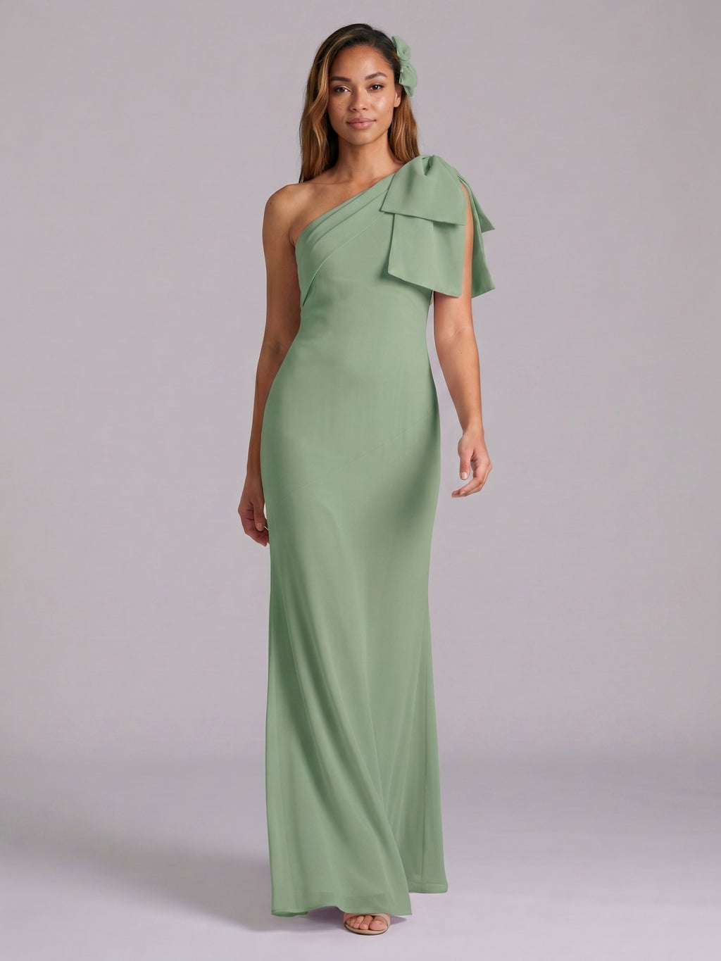 Elegant Dusty Sage Chiffon Mermaid One Shoulder Side Zip with Bow Ankle-Length Bridesmaid Dress