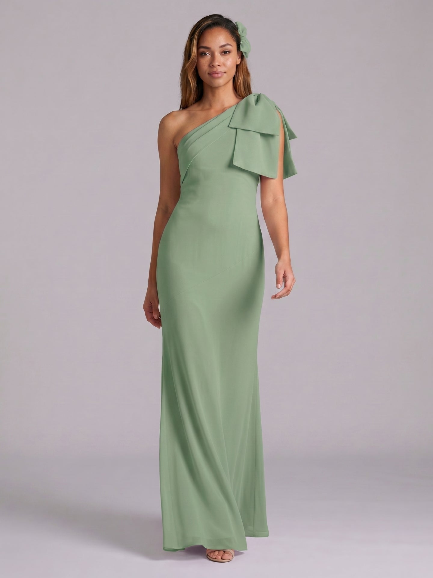 Elegant Dusty Sage Chiffon Mermaid One Shoulder Side Zip with Bow Ankle-Length Bridesmaid Dress