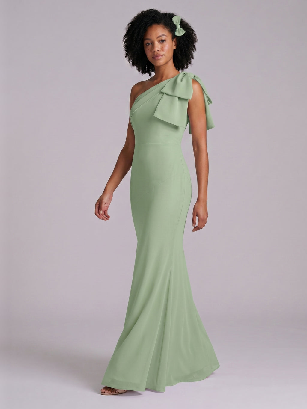 Elegant Dusty Sage Chiffon Mermaid One Shoulder Side Zip with Bow Ankle-Length Bridesmaid Dress