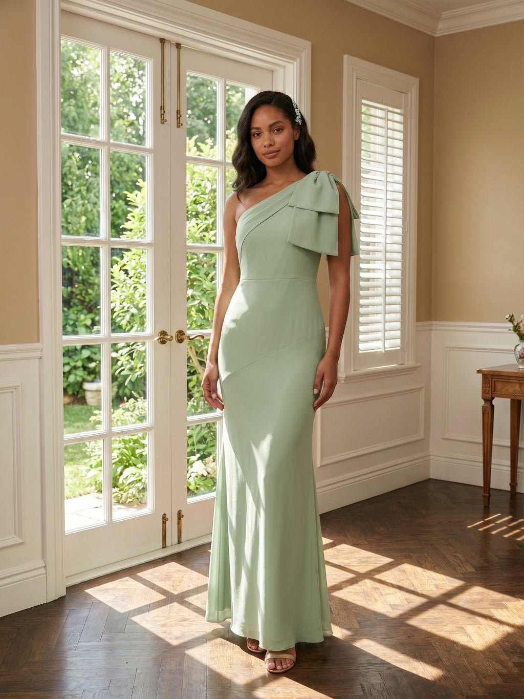 Elegant Dusty Sage Chiffon Mermaid One Shoulder Side Zip with Bow Ankle-Length Bridesmaid Dress