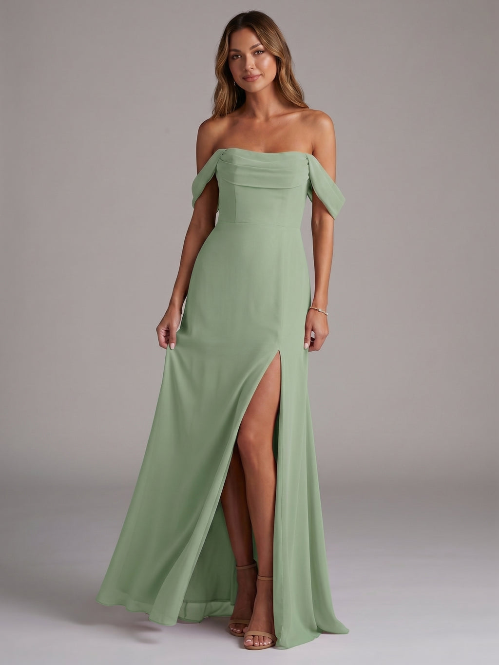 Elegant Dusty Sage Chiffon column Ankle-Length Bridesmaid Dress
