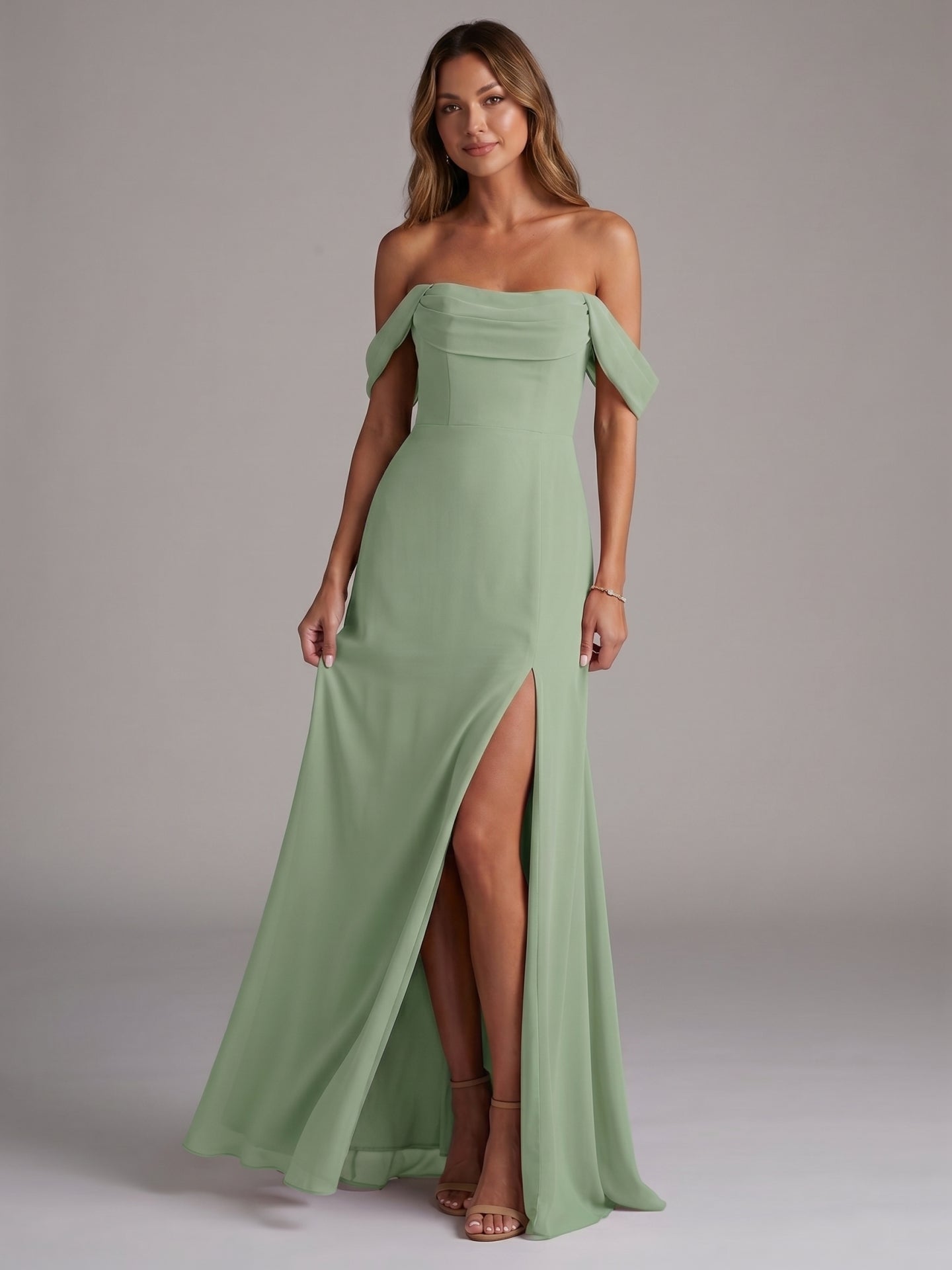 Elegant Dusty Sage Chiffon column Ankle-Length Bridesmaid Dress