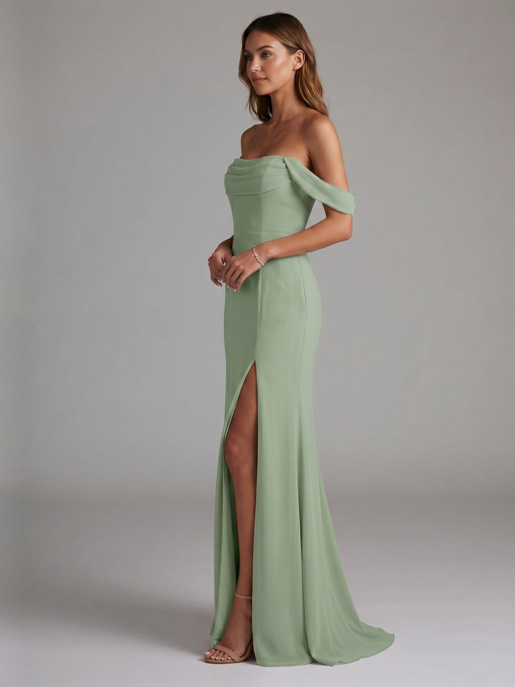 Elegant Dusty Sage Chiffon column Ankle-Length Bridesmaid Dress