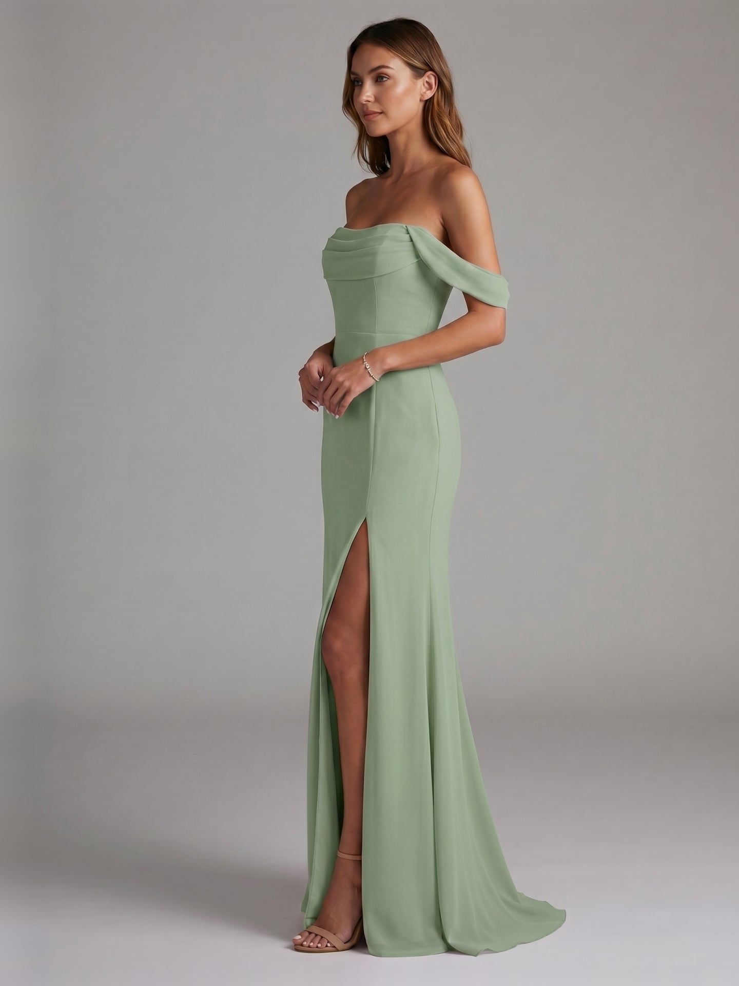 Elegant Dusty Sage Chiffon column Ankle-Length Bridesmaid Dress