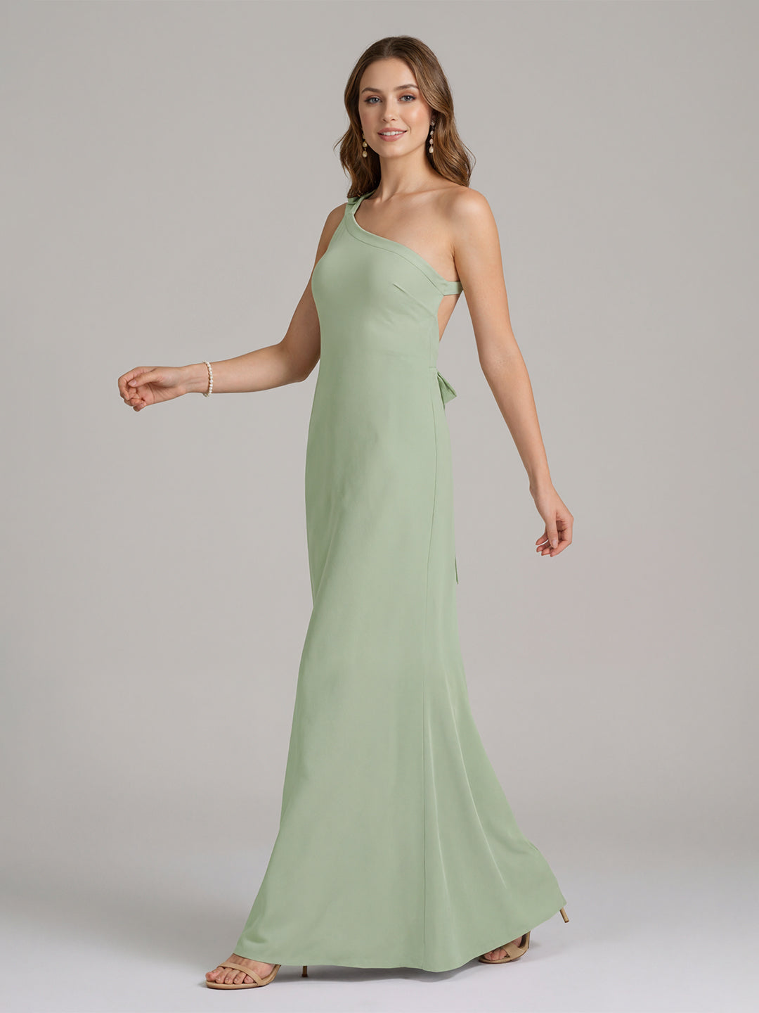 Elegant Dusty Sage Chiffon column One Shoulder Backless Ankle-Length Bridesmaid Dress