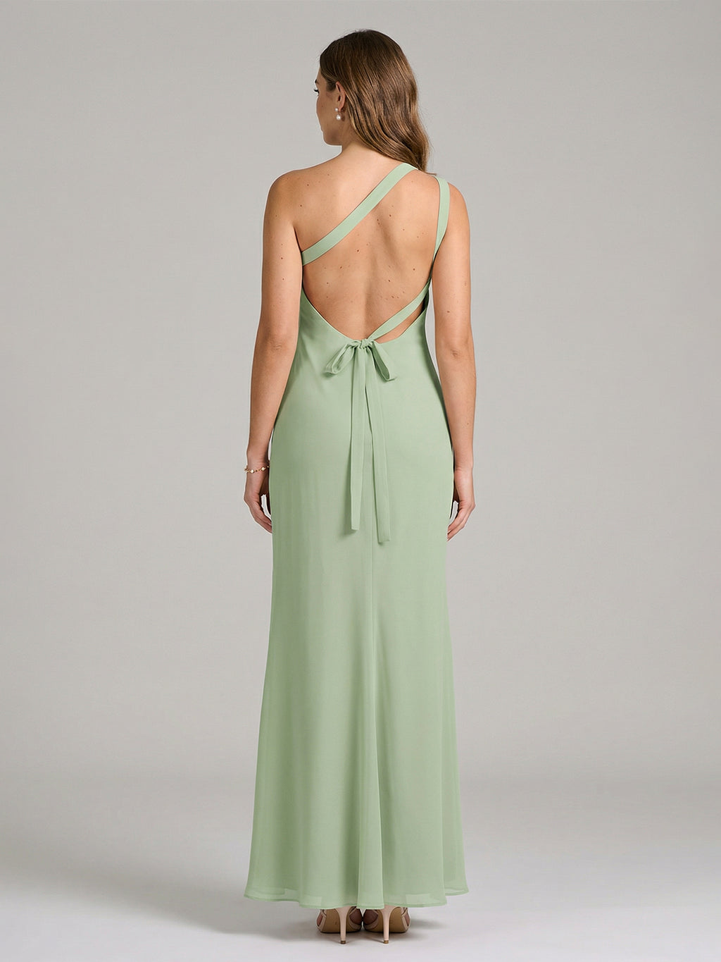 Elegant Dusty Sage Chiffon column One Shoulder Backless Ankle-Length Bridesmaid Dress