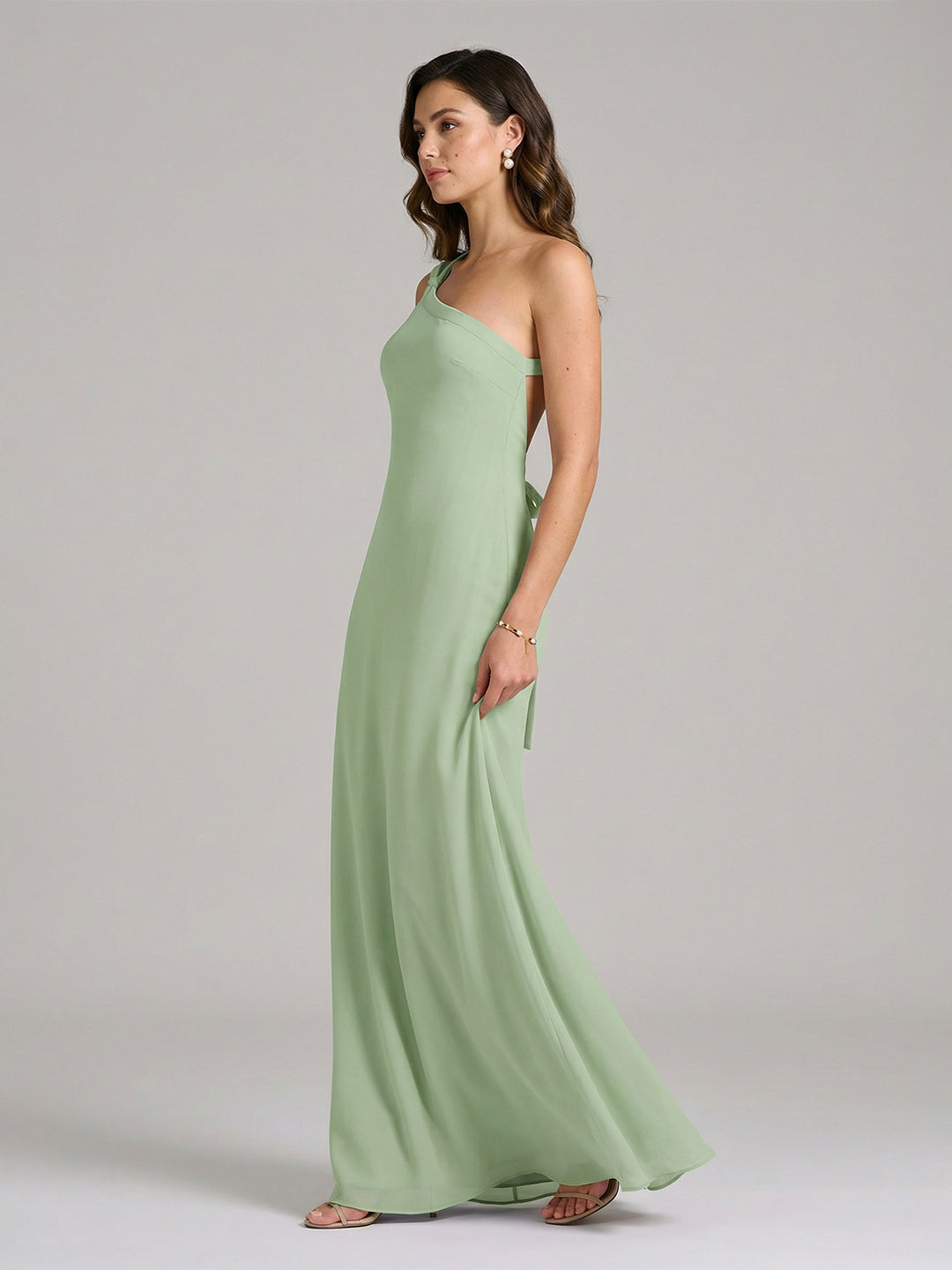 Elegant Dusty Sage Chiffon column One Shoulder Backless Ankle-Length Bridesmaid Dress