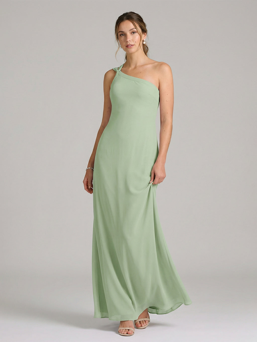 Elegant Dusty Sage Chiffon column One Shoulder Backless Ankle-Length Bridesmaid Dress