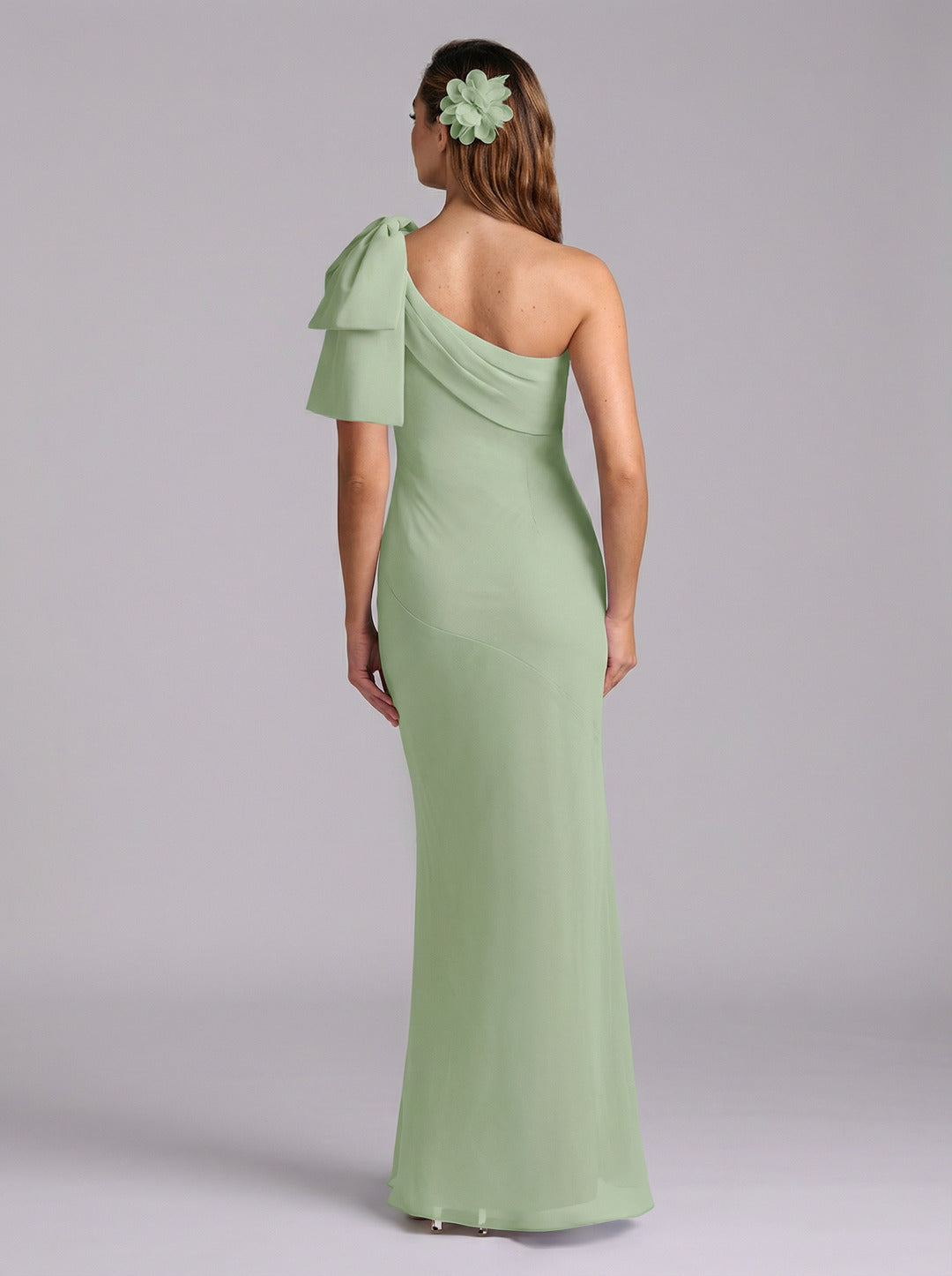 Elegant Dusty Sage Chiffon Mermaid One Shoulder Side Zip with Bow Ankle-Length Bridesmaid Dress