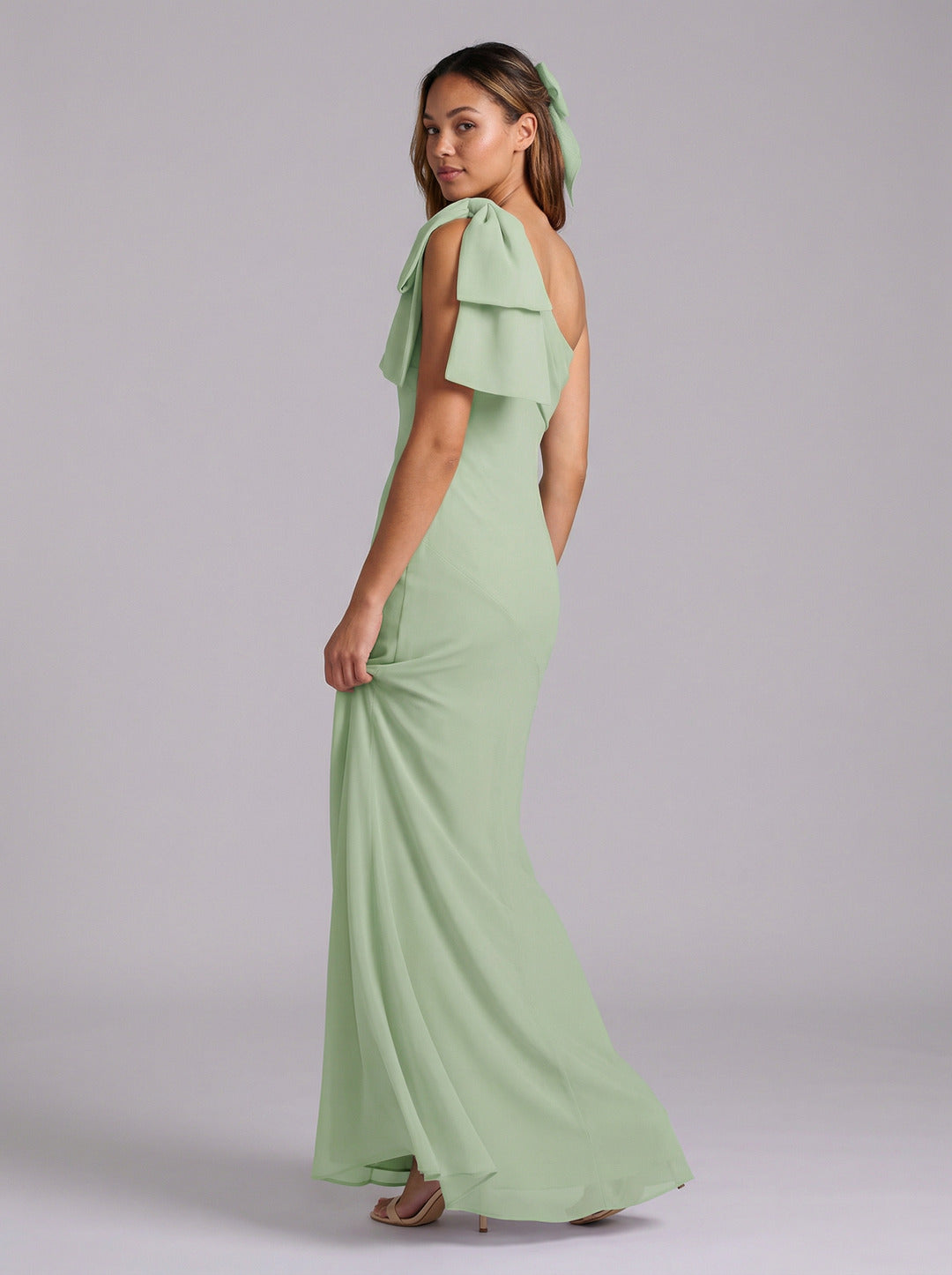 Elegant Dusty Sage Chiffon Mermaid One Shoulder Side Zip with Bow Ankle-Length Bridesmaid Dress