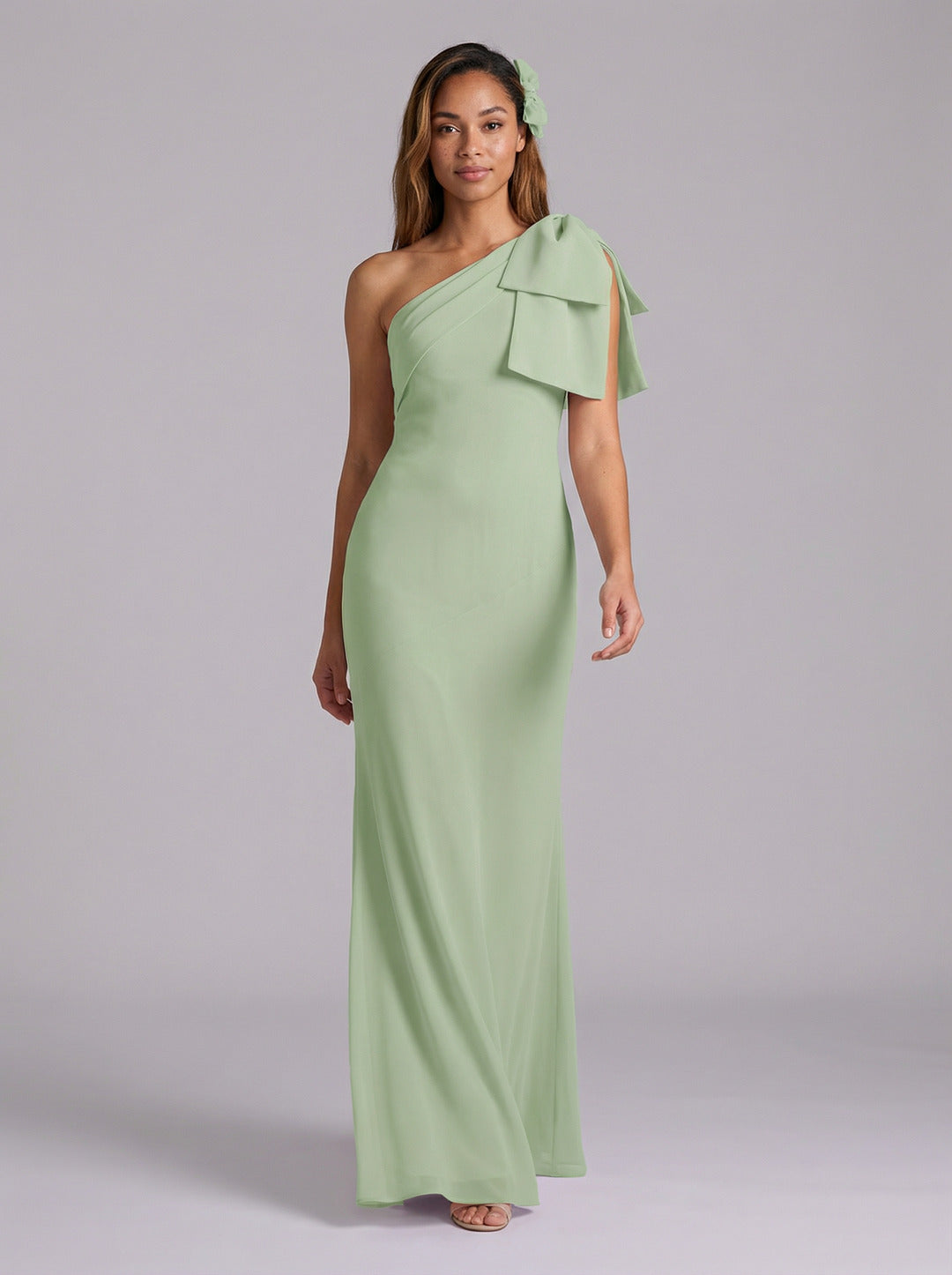 Elegant Dusty Sage Chiffon Mermaid One Shoulder Side Zip with Bow Ankle-Length Bridesmaid Dress