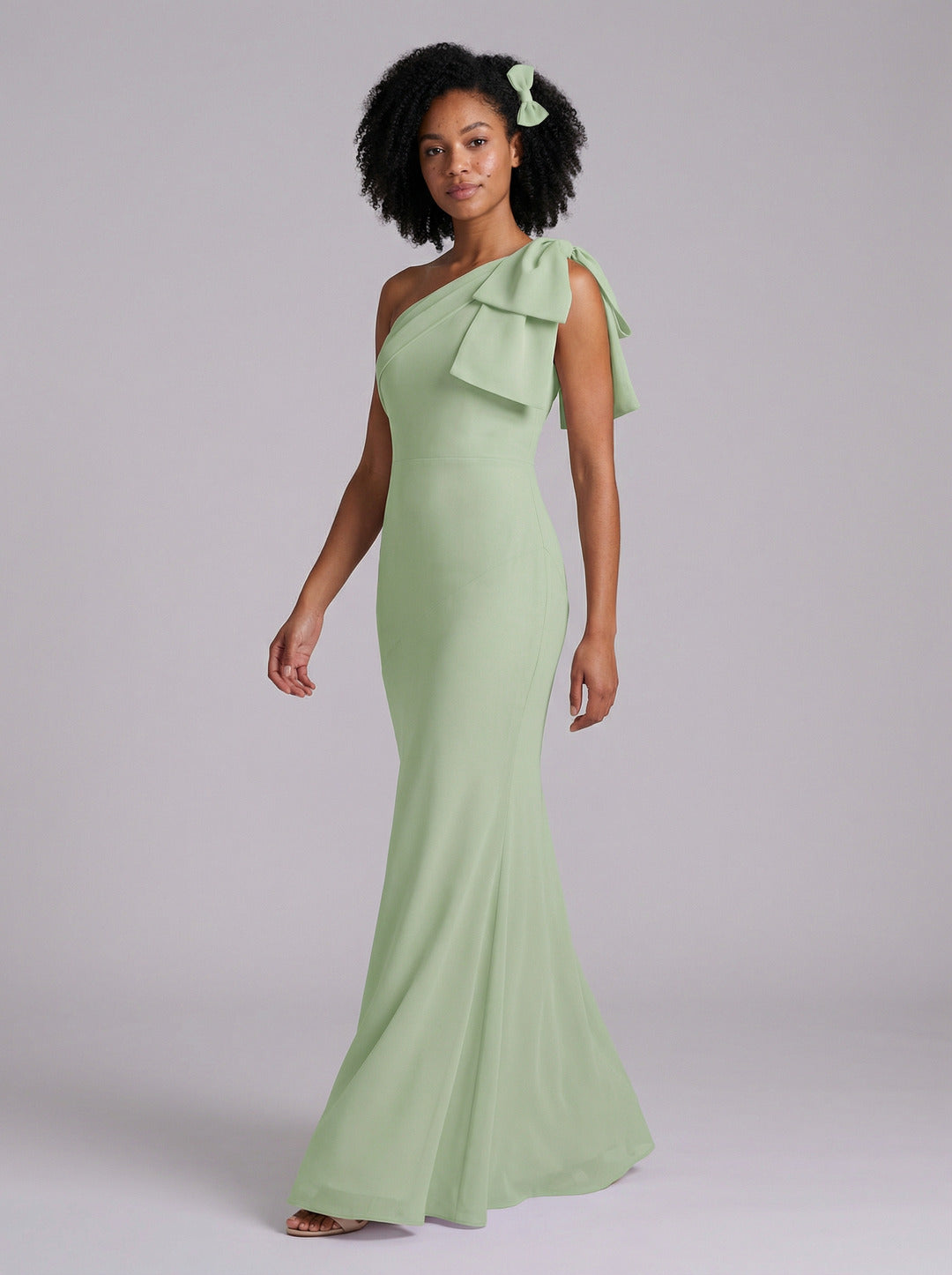Elegant Dusty Sage Chiffon Mermaid One Shoulder Side Zip with Bow Ankle-Length Bridesmaid Dress