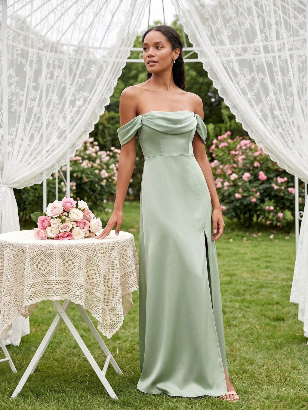 Elegant Dusty Sage Matte Satin A-Line Straight Neck Back Zip Ankle-Length Bridesmaid Dress