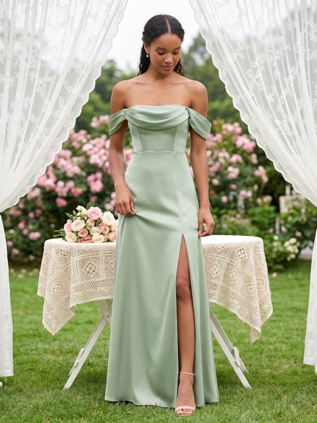 Elegant Dusty Sage Matte Satin A-Line Straight Neck Back Zip Ankle-Length Bridesmaid Dress